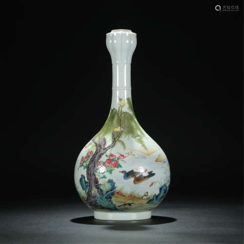 CHINESE PORCELAIN FAMILLE ROSE FLOWER BIRD GARLIC MOUTH BOTTLE VASE