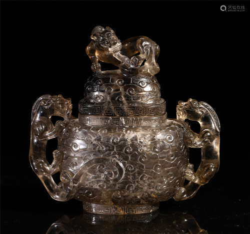 CHINESE CRYSTAL CARVED DOUBLE BEAST HANDLE LIDDED CENSER