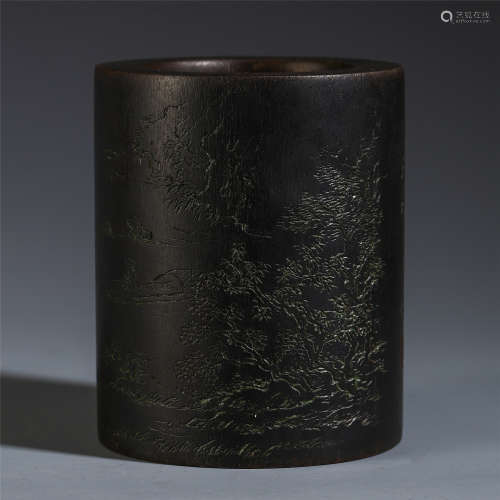 CHINESE AGALWOOD CARVED MOUNTAIN PATTERN BRUSH POT