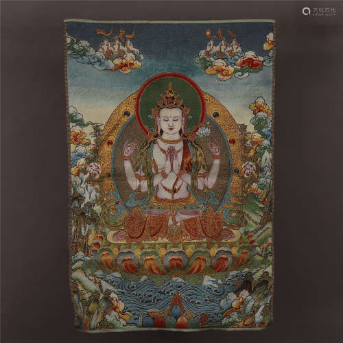 CHINESE TIBETAN THANGKA DEPICTING WITH FOUR ARM SEATED GUANYIN