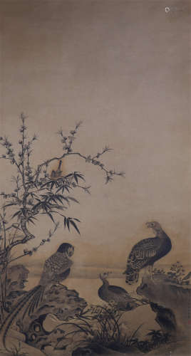 CHINESE SILK HANDSCROLL PAINTING OF TRIPLE EAGLES BY LANG SHINING