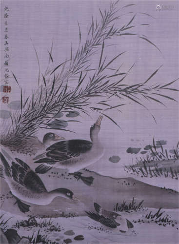 CHINESE SILK HANDSCROLL PAINTING OF DUCKES IN RIVE BY SHEN QUAN
