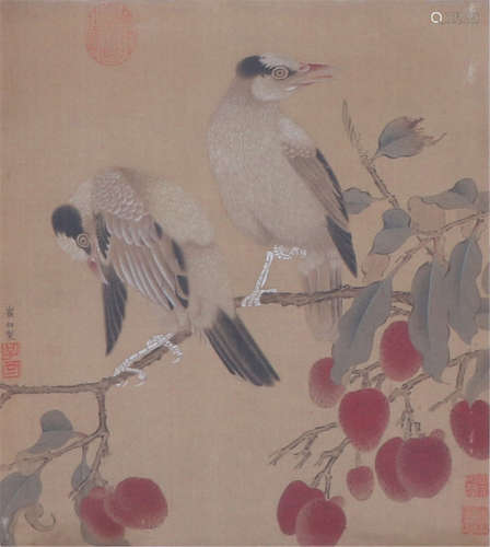 CHINESE SILK HANDSCROLL PAINTING OF DOUBLE BIRDS ON THE FLOWERS