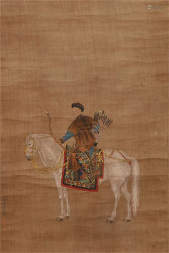CHINESE SILK HANDSCROLL PAINTING OF WARRIORS ON HORSE BY LANG SHINING
