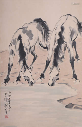 CHINESE HANGING SCROLL INK PAINTING OF DOUBLE HORSES