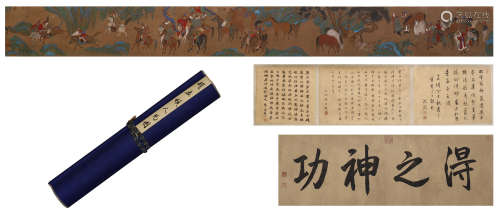 CHINESE HANDSCROLL PAINTING OF WARRIORS ON HORSE BY ZHAO MENGFU