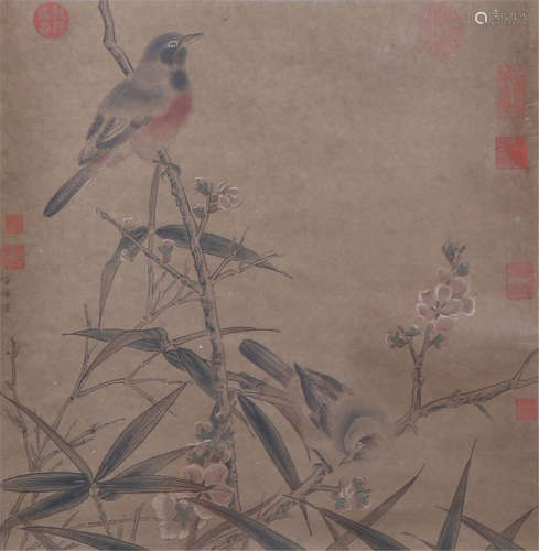 CHINESE SILK HANDSCROLL PAINTING OF BIRDS AND FLOWER BY HUANG JU