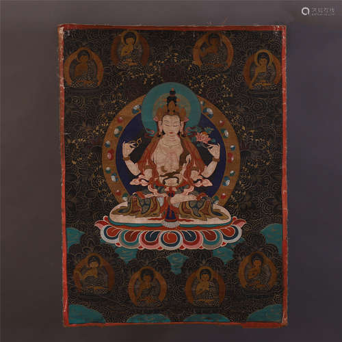 CHINESE TIBETAN THANGKA FOUR ARM SEATED GUANYIN