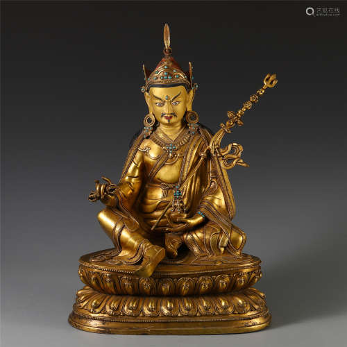 CHINESE TIBETAN GILT BRONZE INLAID TURQUOISE SEATED BUDDHIST