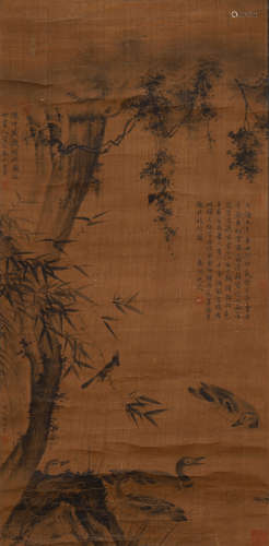 CHINESE HANGING SCROLL INK PAINTING OF DOUBLE DUCK IN RIVE