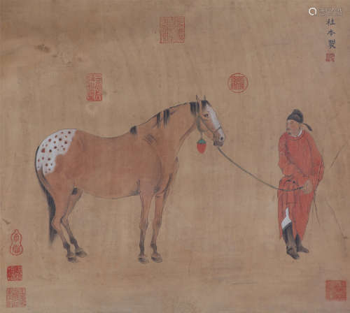CHINESE SILK HANDSCROLL PAINTING OF FIGURE AND HORSE BY DU BEN