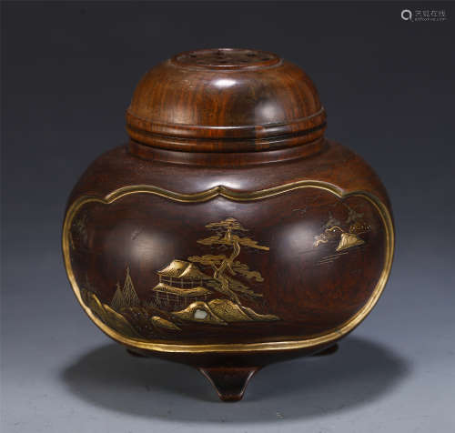 CHINESE WOODCARVED GILT LACQUERED LIDDED CENSER