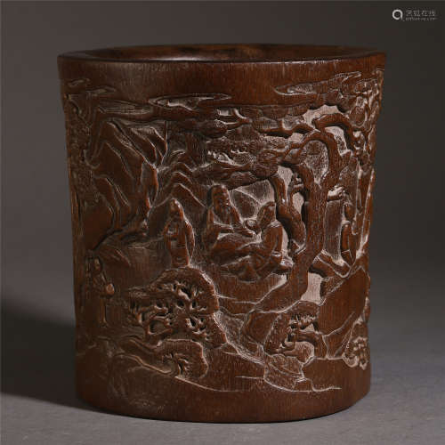 CHINESE AGALWOOD CARVED FIGURE AND STORY BRUSH POT