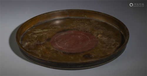A LARGE CHINESE BRONZE CARVED LANDSCAPE PLATE