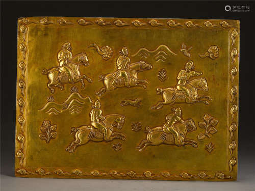 CHINESE GILD SILVER CARVED WARRIORS ON HORSE PLAQUE