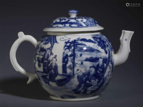 CHINESE BLUE AND WHITE PORCELAIN FIGURE & STORY TEAPOT