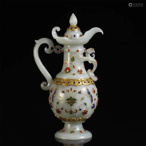 CHINESE JADE CARVED GEM STONE INLAID KETTLE