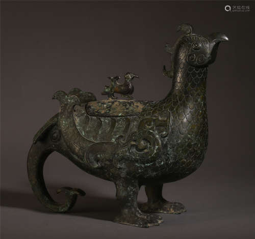 CHINESE ANCIENT BRONZE CARVED PHOENIX SHAPED ZUN