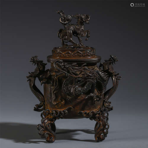 CHINESE BRONZE CARVED DRAGON FOUR FEET LIDDED CENSER