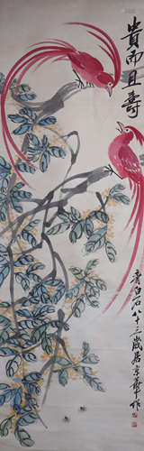 CHINESE PAINTING OF DOUBLE PHOENIXS ABOVE THE FLOWERS