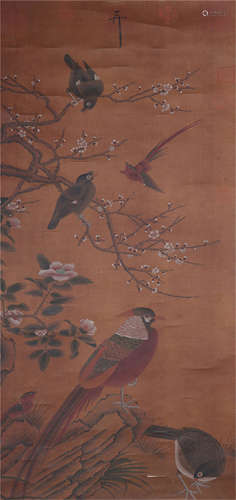 CHINESE SILK HANDSCROLL PAINTING OF FLOWER & BIRDS