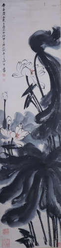 CHINESE HANGING SCROLL INK PAINTING OF LOTUS BLOSSOMMING