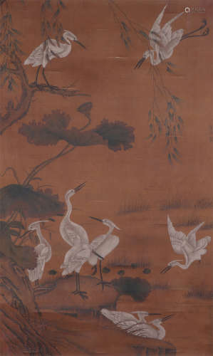 CHINESE SILK HANDSCROLL PAINTING OF OISEAU PERCHÉ