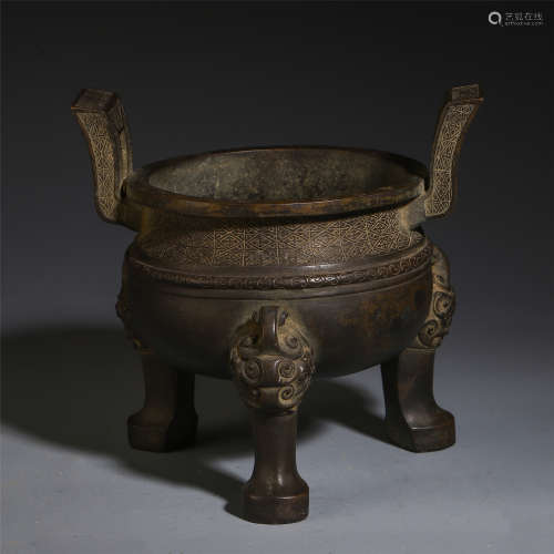 CHINESE ANCIENT BRONZE DOUBLE HANDLE TRIPLE FEET CENSER