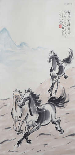 CHINESE INK AND COLOR PAINTING OF TRIPLE RUNNING STEEDS