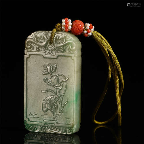 CHINESE JADEITE CARVED FLOWER PATTERN PLAQUE PENDANT