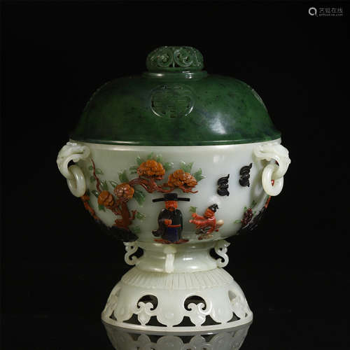 CHINESE JADE CARVED GEM STONE INLAID LIDDED CENSER