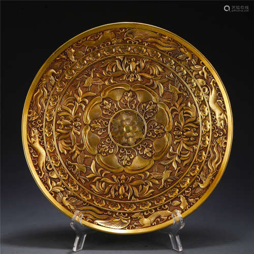 CHINESE GILT BRONZE CARVED FLOWER VIEWS PLATE