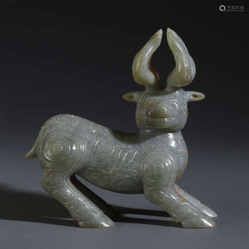 CHINESE JADE CARVED DEER SHAPED TABLE ITEM