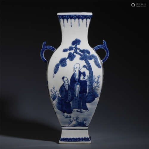 CHINESE BLUE AND WHITE PORCELAIN FIGURE & STORY MOON FLASK VASE