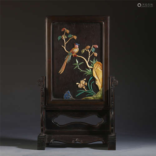 CHINESE ROSEWOOD CARVED GEM STONE INLAID TABLE SCREEN