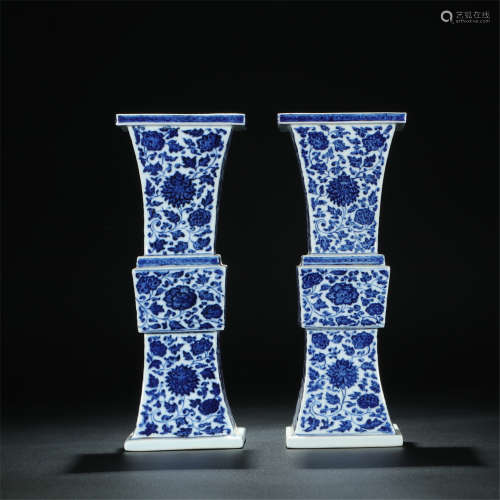 PAIR OF CHINESE BLUE AND WHITE PORCELAIN FLOWER GU VASE
