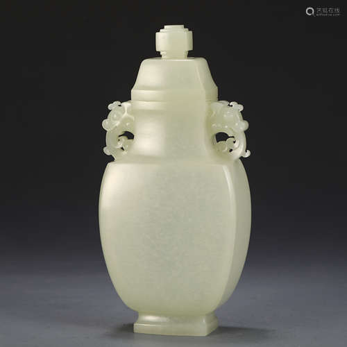 CHINESE JADE CARVED DOUBLE BEAST HANDLE VASE