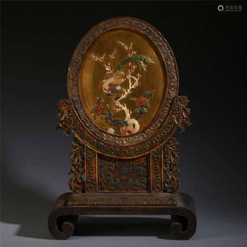 CHINESE ROSEWOOD CARVED GEM STONE INLAID TABLE SCREEN