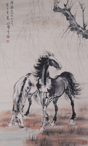 CHINESE INK AND COLOR PAINTING OF DOUBLE HORSES UNDER THE WILLOWS