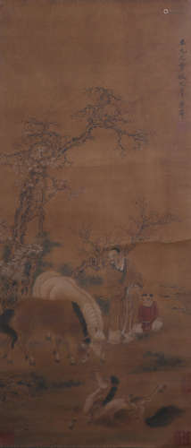 CHINESE SILK HANDSCROLL PAINTING OF FIGURE AND HORSES