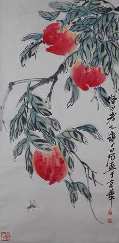 CHINESE INK AND COLOR PAINTING OF PEACH AND INSECT BY QI BAISHI