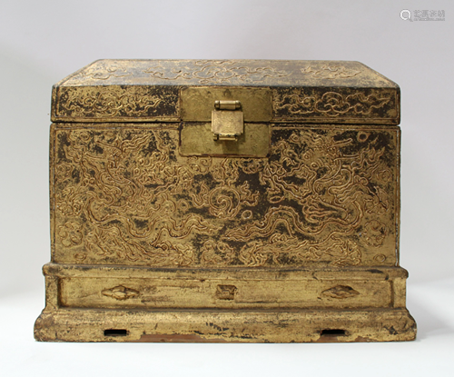 A GILT WOOD 'DRAGON' SEAL BOX AN…