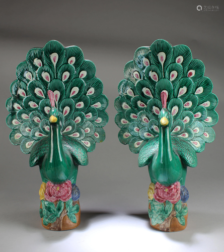 A Pair of Chinese Porcelain peacock Display