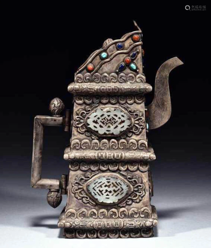 A Silver Jade and Gems Mounted Ewer
