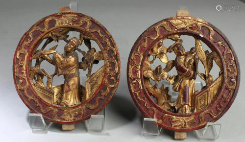 A Pair of Chinese Wood Carved Ornament
