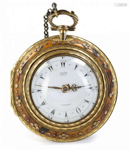 A FINE BRASS AND TORTOISESHELL TRIPPLE CASE TURKISH MARKET POCKET WATCH - RALPH GOUT, LONDON, 19TH C