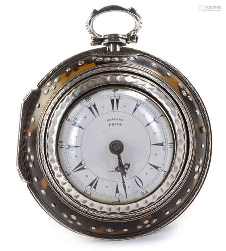 A FINE SILVER AND TORTOISESHELL TRIPPLE CASE TURKISH MARKET POCKET WATCH - EDWARD PRIOR, LONDON, 19T