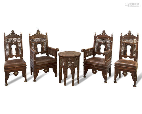 FOUR SYRIAN MOTHER-OF-PEARL INLAID WOODEN CHAIRS AND TABLE SYRIA-DAMASCUS, LATE 19TH CENTURY