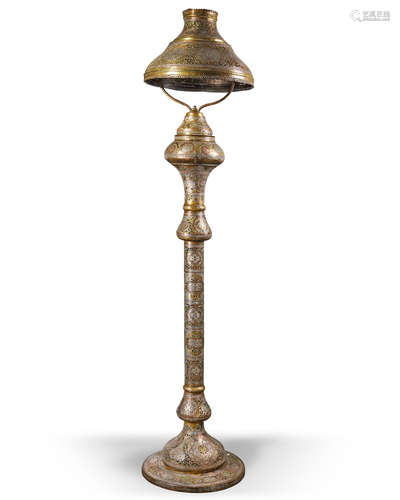 A LARGE ISLAMIC SILVER AND COPPER INLAID LAMP, SYRIA, DAMASCUS, 19TH CENTURY