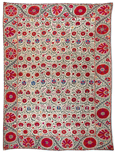 A FINE BUKHARA SILK EMBROIDERED LINEN PANEL SUZANI, 19TH CENTURY